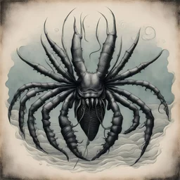 lobster with tentacles and giant spikes, background ocean depths, in intaglio art style