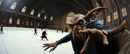 pin hole cam, master oil painting by Rembrandt, d&d monster gremlin illithid and lich in ice skating hall or church