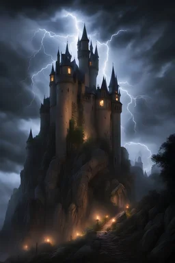 "gothic castle", hill, cliff, rocks, storm, lightning, dark, night, "tall towers", turrets, "lit windows"