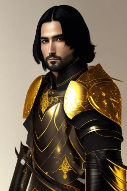 A handsome 30 year old man, black hair, male bob haircut, in black-and-gold plate armor, golden katana in both hands, no beard, european