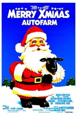 Santa mixed with a fluffy sheep, with title ( Merry xmas autofarm), 1990s style movie poster