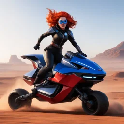 una mujer pelirroja, con un mono con cremallera, guantes, botas altas, capa y antifaz, dos pistoleras: she drives the 'Jumping JACK' NG-R33 Viper Ride Turbo Hovercycle with no wheels on the outskirts of Palladium's RIFTS Earth.