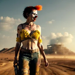 Ultra realistic mad max scene, people. clown sweet woman, waist up view. Tarantino style, epic, yellow smoke fog, hottest, highly detailed, concept art, unreal engine 5, god rays, ray tracing, RTX, lumen lighting, ultra detail, volumetric lighting, 3d, finely drawn, high definition, high resolution.