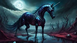 A gritty, full-body shot of an insatiably evil black opal iridescent pearlescent dark unicorn alien hybrid in a surreal landscape, with sharp ivory teeth, macabre, Dariusz Zawadzki art style, liminal spaces, horror art, dark gaming background, wet, glossy, horror art, trypophobia, eerie, intricate details, HDR, beautifully shot, hyperrealistic, sharp focus, back lit, 64 megapixels, perfect composition, high contrast, cinematic,