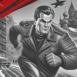 Sincity comic, siberian comunist soviet running. Closeup.