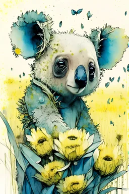 Portrait of An adorable big eyed Koala with a cown made of Eucalyptus on a field of Daffodils by Awwchang and James Christensen and CGSociety and Carne Griffiths and Minjae Lee, fun background, Lou Xaz