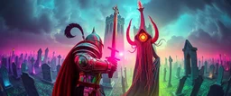 Epic portrait of knighted paladin vs demi-lich in tower cemetery in the style of Giger and Escher in Transparent Psychedelic Fluorescent Colors looking like a Record Cover, multidimensional depth of field, fish eye lense