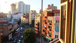Urban apartment with open windows facing a bustling street, birds singing amidst the city sounds, graffiti art visible on nearby buildings, golden hour light.
