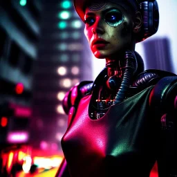 fullbody portrait,beautiful female robot, intense stare, sad eyes, post-apocalyptic in a cyberpunk city, realistic, intriacte detail, sci-fi fantasy style, volumetric lighting, particles, highly detailed ,cinamatic , deep colours,8k, by Caravaggio