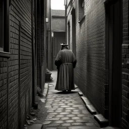 A mysterious 1800s figure in an alleyway