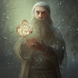 Insanely detailed photograph of an “D&D twilight cleric holding glowing D20” with intricate detailed beard, intricate embroidered clothing, hyperdetailed painting by Ismail Inceoglu Huang Guangjian and Dan Witz CGSociety ZBrush Central fantasy art album cover art,8K, hdr, mysterious, ominous, snowflakes,jolly