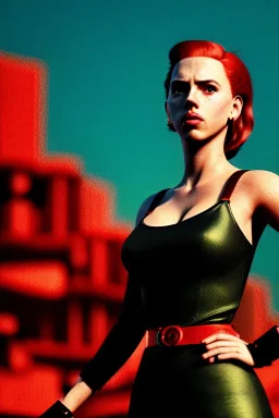 retro portrait image from 1960, sky background, wind, long red hair, fighting stance, sweet young Scarlett Johansson, black dress, classic tight lycra black suit, weapon, gold bracelet and belt, high heel boots, soft color, highly detailed, unreal engine 5, ray tracing, RTX, lumen lighting, ultra detail, volumetric lighting, 3d, finely drawn, high definition, high resolution.