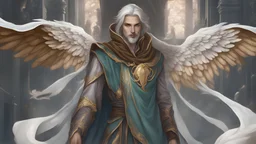 A young, male aasimar with green eyes. Shoulder-long silver hair. The man has two angel wings made of gold. A silver colored, extended goatee. Wearing elegant blue robes with copper colored trim. The robes have a hood that he is wearing. As a mage, he has a beautiful magical book on his belt. His hands are under his robe. A long, feathered quill floats around him. He is in a grand library. He is by himself.