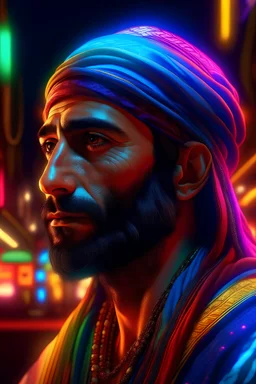 (best quality, 4k, 8k, highres, masterpiece:1.2), ultra-detailed, (realistic, photorealistic, photo-realistic:1.37), arabic man, vibrant colors, neon lights, surrealistic background