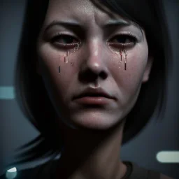 a moody close-up shot of an attractive woman quietly crying in a cyberpunk city