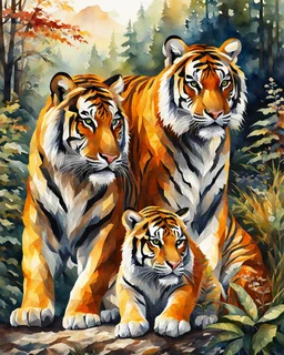 Tigre siberiano con tres cachorros estilo mosaico pintura acuarela calidad ultra, full body, hiperdetallada