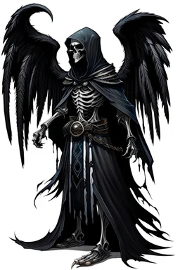 older skeleton dressing a long black and old tunique, hood, long sleeves, big black bird wings, black armor