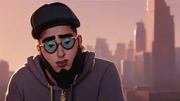 a single man, an Arab from the Middle East, a lookalike of the rapper Eazy-E, he has a beard, who wears a gold chain, with a t-shirt marked ODK, wears a black baseball jacket with the mark ODK, which bears black sunglasses, with a black baseball cap with the initials ODK. at night, in the city center, at night.