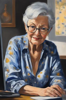 Oil paint on canvas, chiaroscuro, deep shadows, masterpiece, happy, 2020 caught off guard, 79-year-old Phyllis Kendall, short pixie-cut gray hair, overweight, blue eyes, wearing a black, floral print blouse, dark blue sweat pants, sitting at the computer checking her emails