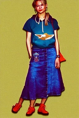 year 1996 fashion. Loose skirt, low waist. Combat t-shirt. Colors: denim blue, blue, purple, cream, khaki, light green, lilac, plum, orange, terracotta, red, light yellow, pink, dark blue, beige. Latex in small part. Sturnus vulgaris pattern prints.. bridget jones and jennifer lopez. Hoodie.