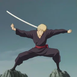 blond ninja man with katana in black suit