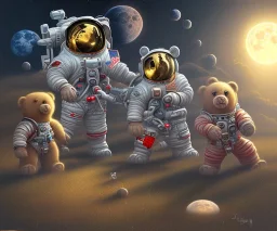 little boy and big teddy bears on moon. oil on canvas