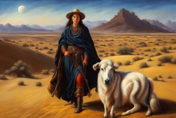 create a classical-abstract-realist sci-fi fantasy full body portrait painting of a nomadic tribal shepherdess with highly defined facial features, in an arid desert landscape in the style of Donato Giancola, Hans Memling, Titian, and Caravaggio, 8k, highly detailed, otherworldly and fantastic