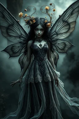 A whimsical dark fantasy detailed dark fairy with wings, an ethereal presence and hyper-realistic features. Her ewaring a victorian, goth enchanted aesthetic. Her large, dark eyes shimmer with mystery, while her flowing lacy long gown sways as if caught in an unseen breeze. Ornate wire spirals and dried dry floral elements crown around, giving her an otherworldly, nature-bound elegance with dark lace, shadows, fog in a surreal atmosphere. Hyperrealistic, splash art, concept art