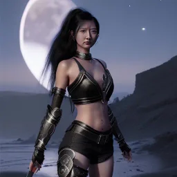 black hair lady warrior top with blade under the Moon