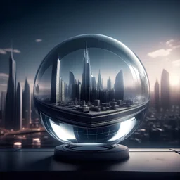 una esfeera de cristal flotando sobre ciudad futurista