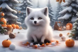 A beautiful little white and very fluffy arctic fox is sitting over a cup of cocoa, marshmallows in cocoa, tangerines nearby, flowers, falling snow, decorated Christmas trees in the background, very cute, huge eyes, hyperdetalized, detailed, intricate, digital painting, digital illustration, 4k, ultra hdr, beautiful fantastic landscape, realistic, full color, nature, HD photography, magic background, 3D, deep sharpness, colorful.