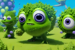 pixar style, volumetric broccolipunk environment and background, a tiny cute broccolipunk monster with cogs and screws and big eyes smiling and waving, back view, isometric, anime, adorable, renderman render, intricate detail, focused, sharp, small minutiae, tiny features, particulars, hires, 8k, uhd, realistic shaded volumetric lighting, ambient occlusion, backlight, centered camera, realistic shaded perfect face, sunlight caustics, volumetric clouds, colour-washed colors, colorful, sss