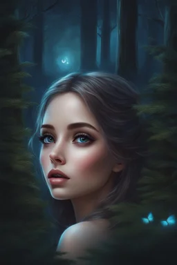 Painting of a beautiful girl, beautiful, haunted forest, pretty face, young girl, fantasy art, anime portrait, barbie face, big eyes, bright eyes, dream, trees, forest background, dark night, song, glitters background, fantasy, high quality, 8k