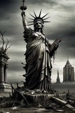the statue of liberty, dress dirty and torn, her face solemn and terse, trash littered at her feet, the skyline dark and grungy