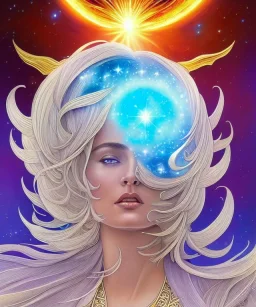 celestial sky, astronomy, platinum blonde woman on fire, psychedelic, intricate, elegant, highly detailed, background fire sky, digital painting, artstation, concept art, smooth, sharp focus, illustration, head shot, close up, art by artgerm and greg rutkowski and alphonse mucha, symmetrical eyes, perfect eyes, blue eyes, staring at camera, eye contact
