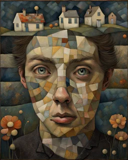 A house on the Hill. Life and times, patchwork art by Jamie Heiden, Peter Doig, Renoir, Pol Ledent, Endre Penovac Modifiers: portrait acrylic art surreal Arthur Rackham Optical illusion Debehsque