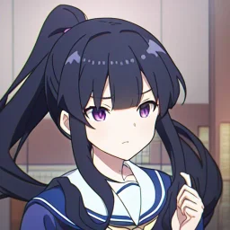 Clear focus, High resolution, short black fluffy hair, long locks, chopped bangs, pony tail, purple eyes, wearing a sailor uniform, (solo), anime screencap, pixel