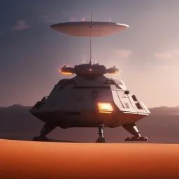 volumetric desert environment, Ralph McQuarrie style painting, armored hovercraft, floating in the air, highly detailed, renderman