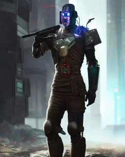 cyberpunk soldier with a robot arm smoking a cigarette wearing armor, sci fi, fantasy, hig def, high detail