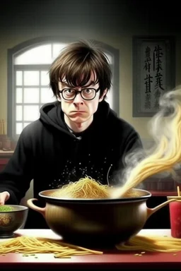 Angry Harry Potter use pot with chinese noodles stay behind the Hermione