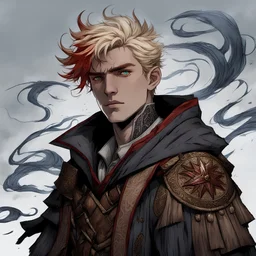 young aasimar male, fair-blonde hair, spiky hair, red streaks in hair, rugged medieval clothes-robes, celestial magic user