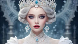 Porcelain princess with crown on head, lace dress, diamond jewelry, white skin with heavy makeup, extremely ghostly white, big glowing eyes, mega voluminous lips, gradient background, sweet color tones, soft, dreamlike, surrealism, intricate details , 3D rendering, octane rendering . Masterpiece of the best quality, beautiful and perfect, high resolution, 32k. Close-up. Nicoletta Ceccoli style. By Monique Moro.
