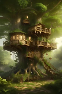Une maison dans un arbre géant, dans une forêt magique. La maison est écologique et élégante, avec des fenêtres, des balcons et des énergies renouvelables. L'image doit montrer la beauté du lieu et la symbiose entre l'homme et la nature.