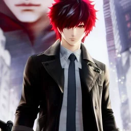 Detailed anime boy, crimson red hair, long classic taper hairstyle, dante dmc5 hairstyle, wolf ears protruding out, white trench coat, intricate details, full body portrait, keep head in frame, slight smile, black Japanese motif, concept art, highly detailed, digital painting, concept art, sharp focus, illustration, art by Yoji Shinkawa, WLOP and greg rutkowski and alphonse mucha and artgerm and yanjun Chen and Junji ito and Makoto Shinkai, HDR, octane render, highly detailed