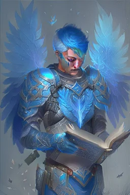 a person in runic armor with blue wings, blue short hair and spell book