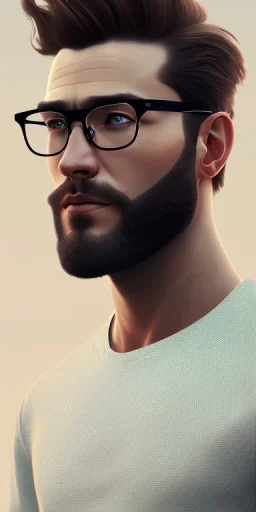 boy, young, glasses, beard, brown hair, brown eyes, medium hair, bangs side part, head and shoulders portrait, head and shoulders portrait, 8k resolution concept art portrait by Greg Rutkowski,