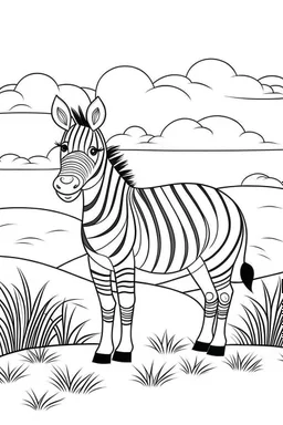 little Zebra, with black and white stripes, on the African plains, clean line art, white background, no shadows, well outlined, for kids coloring book, cartoon style.