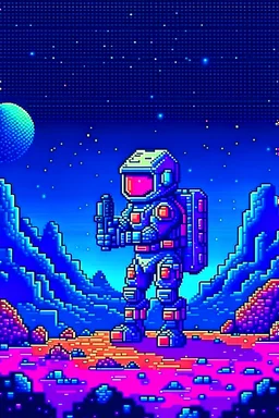 Astronaut with laser gun in pixel art on a wild planet