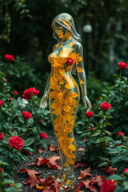 body inside transparent woman yellow leaves beautiful transparent woman made of transparent glass filled inside with red roses and leaves beautiful dynamic pose stands in garden hyper detailed sharpen CGI