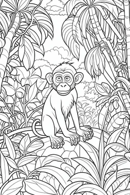 Outline art, Monkey in the jungle, cartoon style, no shading, --ar 9:11